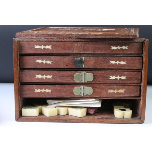 152 - Chinese Hardwood and Bone Inlaid Mah-jong Set, with four drawers holding celluloid playing pieces, a... 