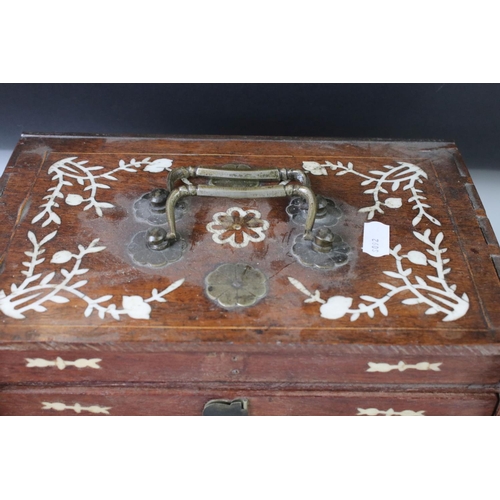 152 - Chinese Hardwood and Bone Inlaid Mah-jong Set, with four drawers holding celluloid playing pieces, a... 