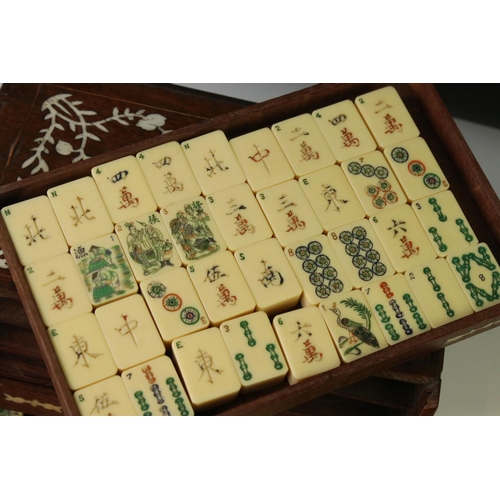 152 - Chinese Hardwood and Bone Inlaid Mah-jong Set, with four drawers holding celluloid playing pieces, a... 