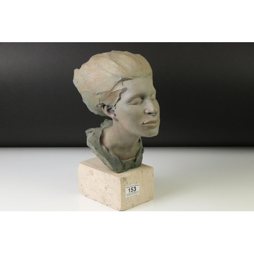 153 - Patinated bust of a woman with her eyes closed, signed Philip Wakeham and dated '94, on a polished s... 