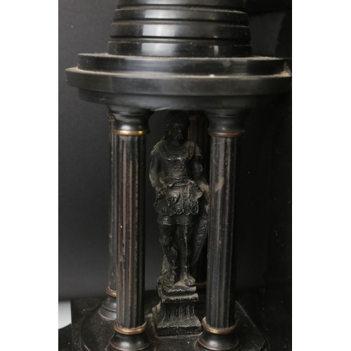154 - 19th Century slate mantle clock with Roman numerals on a brass dial, flanked by two four-column arch... 