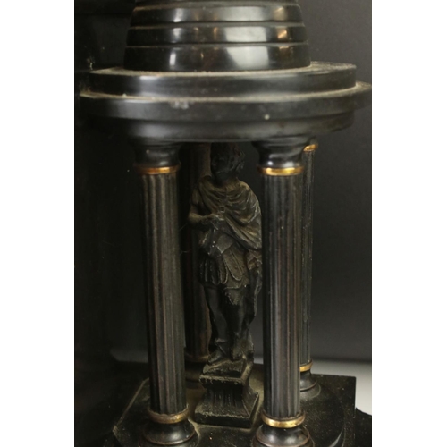 154 - 19th Century slate mantle clock with Roman numerals on a brass dial, flanked by two four-column arch... 