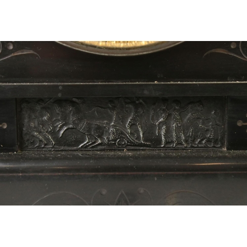 154 - 19th Century slate mantle clock with Roman numerals on a brass dial, flanked by two four-column arch... 