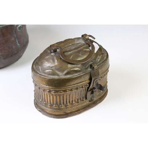 156 - Indian brass cricket box of oval form, with gadrooned sides, domed lid, carry handle and pierced bas... 