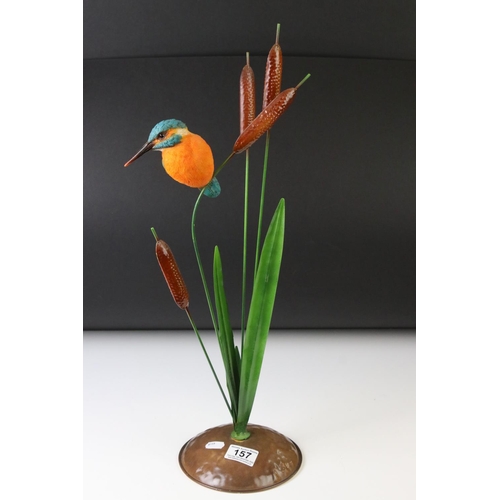 157 - Cast metal and resin figure of a Kingfisher perched on a Bullrush, raised on a circular base, approx... 