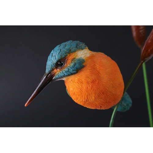 157 - Cast metal and resin figure of a Kingfisher perched on a Bullrush, raised on a circular base, approx... 