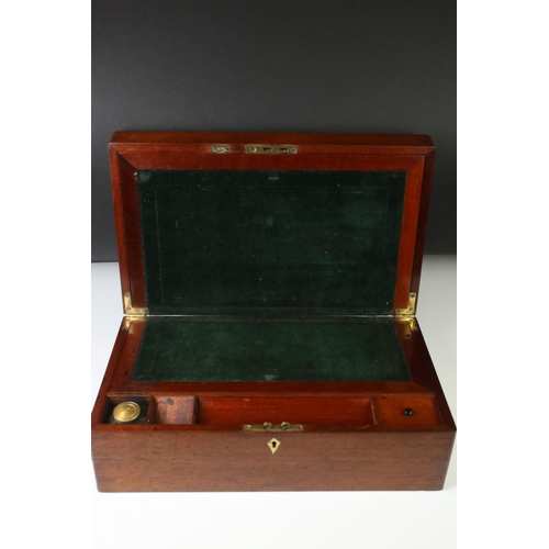 164 - Victorian mahogany writing slope with fitted felt-lined slope, brass lidded inkwell,  various intern... 