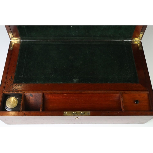164 - Victorian mahogany writing slope with fitted felt-lined slope, brass lidded inkwell,  various intern... 