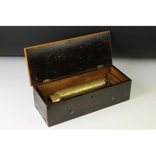 166 - 19th Century Swiss cylinder music box fitted with a one piece comb (missing teeth), 20cm long cylind... 