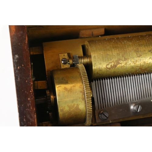 166 - 19th Century Swiss cylinder music box fitted with a one piece comb (missing teeth), 20cm long cylind... 