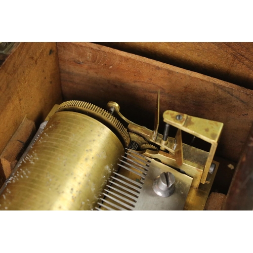 166 - 19th Century Swiss cylinder music box fitted with a one piece comb (missing teeth), 20cm long cylind... 