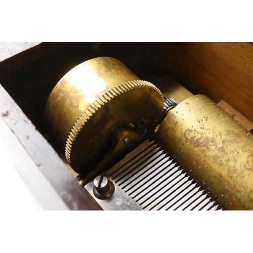 166 - 19th Century Swiss cylinder music box fitted with a one piece comb (missing teeth), 20cm long cylind... 