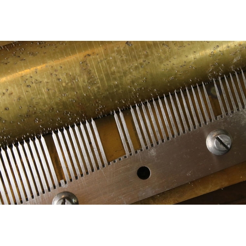 166 - 19th Century Swiss cylinder music box fitted with a one piece comb (missing teeth), 20cm long cylind... 