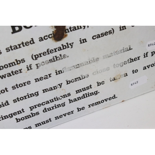 167 - A W Bombs ' Precautions ' enamel sign advising safe munitions storage information, black lettering o... 