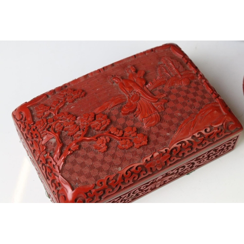 168 - Five pieces of 20th century Chinese cinnabar lacquer ware comprising a pair of baluster vases depict... 
