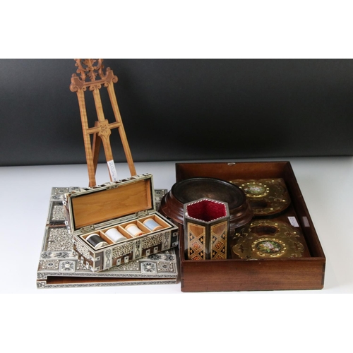 170 - 19th century sandalwood blotter, a sandalwood workbox, a Victorian walnut extending book rack, a mah... 