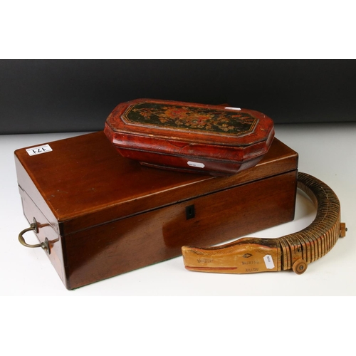 171 - Victorian mahogany writing slope, with green leather covered slope, storage compartments and two bra... 