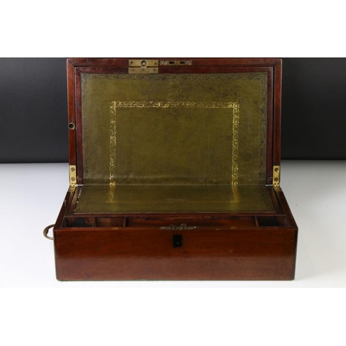 171 - Victorian mahogany writing slope, with green leather covered slope, storage compartments and two bra... 