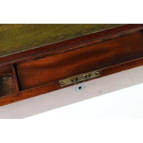 171 - Victorian mahogany writing slope, with green leather covered slope, storage compartments and two bra... 