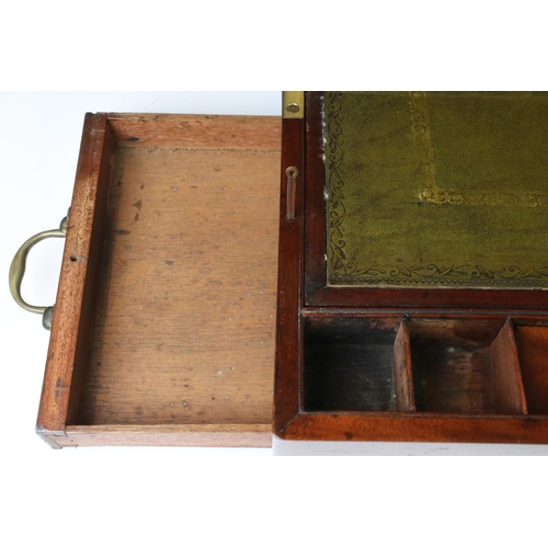 171 - Victorian mahogany writing slope, with green leather covered slope, storage compartments and two bra... 