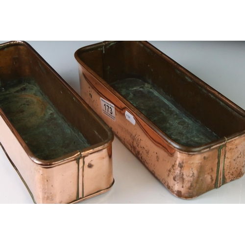173 - Pair of vintage copper planters of rectangular form, with rolled upper rims, measure approx 30cm lon... 