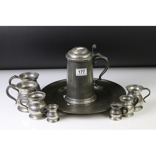 177 - Seven Antique Pewter Measuring Mugs of various sizes, largest 9cm high, together with 18th century P... 