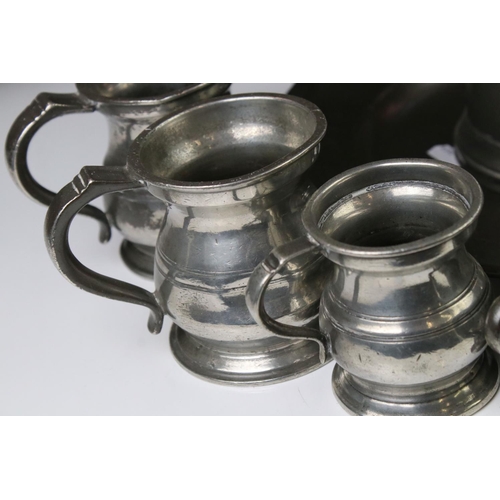 177 - Seven Antique Pewter Measuring Mugs of various sizes, largest 9cm high, together with 18th century P... 