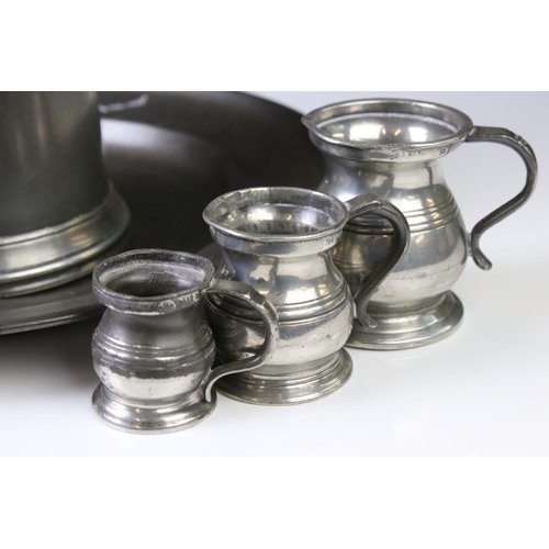 177 - Seven Antique Pewter Measuring Mugs of various sizes, largest 9cm high, together with 18th century P... 