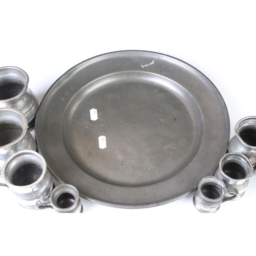 177 - Seven Antique Pewter Measuring Mugs of various sizes, largest 9cm high, together with 18th century P... 