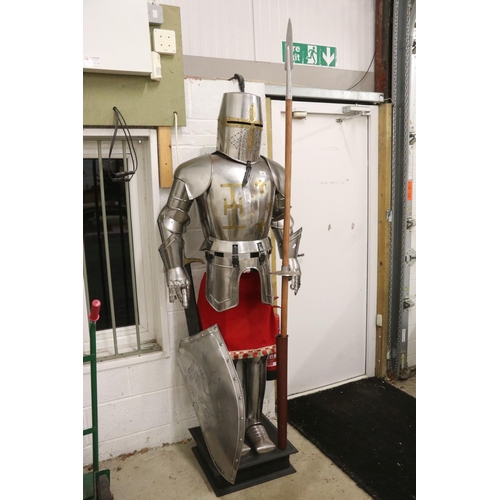 127 - Full Size Replica Suit of Armour constructed of sheet metal, complete with a Lance, Sword in Sheath ... 