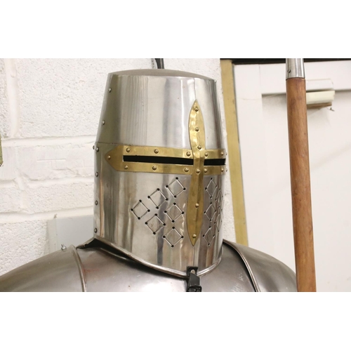 127 - Full Size Replica Suit of Armour constructed of sheet metal, complete with a Lance, Sword in Sheath ... 