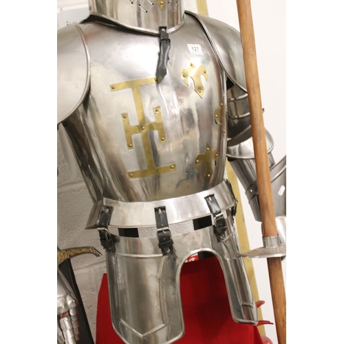 127 - Full Size Replica Suit of Armour constructed of sheet metal, complete with a Lance, Sword in Sheath ... 