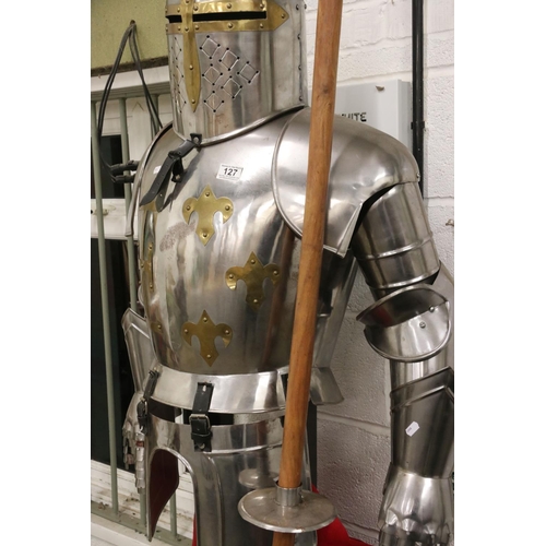 127 - Full Size Replica Suit of Armour constructed of sheet metal, complete with a Lance, Sword in Sheath ... 