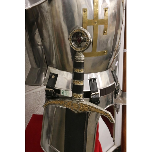 127 - Full Size Replica Suit of Armour constructed of sheet metal, complete with a Lance, Sword in Sheath ... 