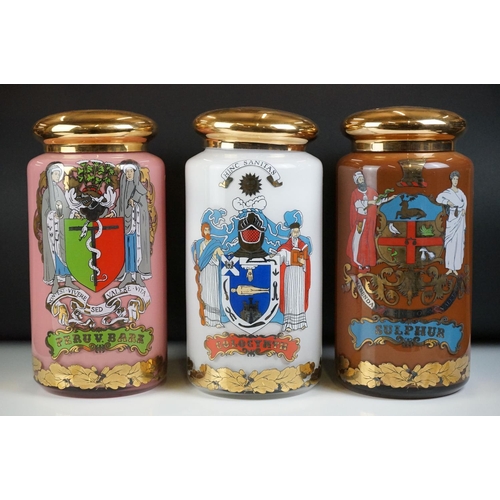 10 - Set of 3 late 20th century ltd edn glass specie / apothecary jars to include ' Sulphur ', ' Peruv. B... 