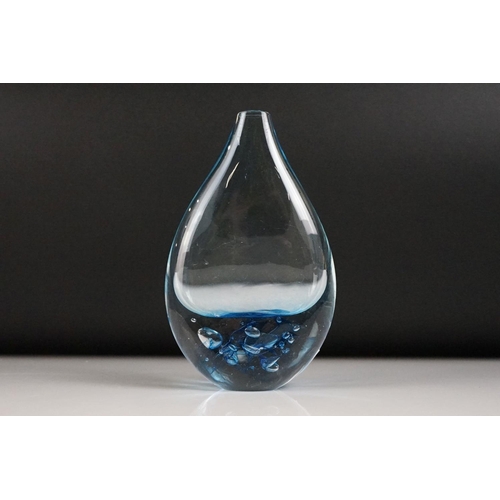 45A - Studio glass handblown teardrop vase, blue decoration, signed EM to base, height approx 17cm