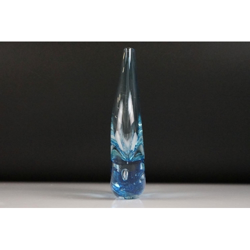 45A - Studio glass handblown teardrop vase, blue decoration, signed EM to base, height approx 17cm