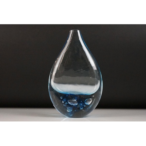 45A - Studio glass handblown teardrop vase, blue decoration, signed EM to base, height approx 17cm