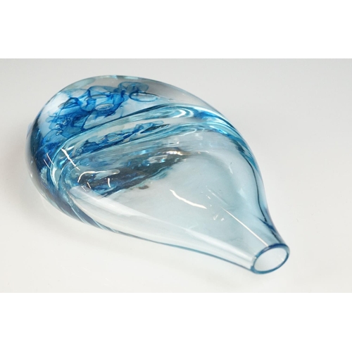 45A - Studio glass handblown teardrop vase, blue decoration, signed EM to base, height approx 17cm