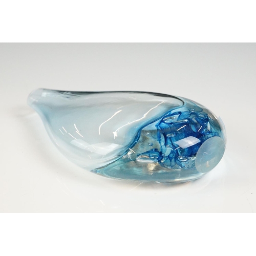 45A - Studio glass handblown teardrop vase, blue decoration, signed EM to base, height approx 17cm