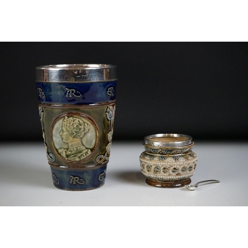 6 - Doulton Lambeth silver rimmed tapering vase with relief portraits of Queen Elizabeth and Prince Albe... 