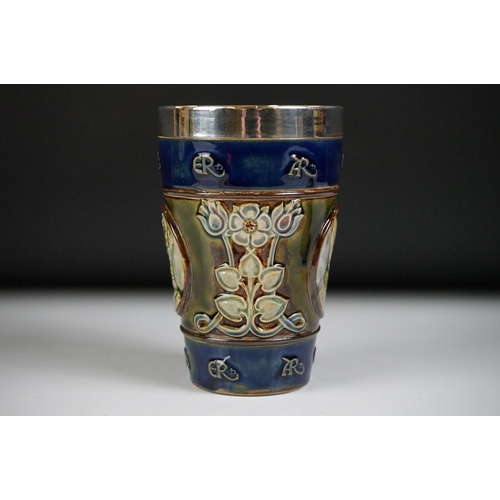 6 - Doulton Lambeth silver rimmed tapering vase with relief portraits of Queen Elizabeth and Prince Albe... 