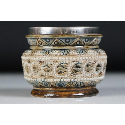 6 - Doulton Lambeth silver rimmed tapering vase with relief portraits of Queen Elizabeth and Prince Albe... 
