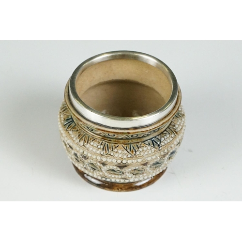 6 - Doulton Lambeth silver rimmed tapering vase with relief portraits of Queen Elizabeth and Prince Albe... 