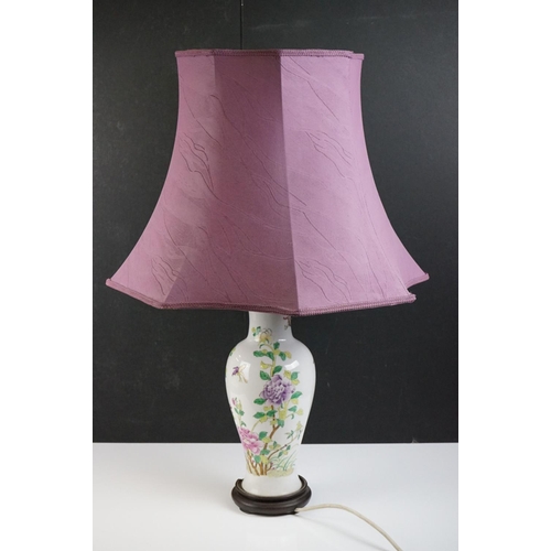 15 - Chinese Famille Rose porcelain vase converted to a table lamp, of baluster form, with floral and but... 