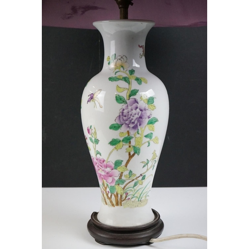 15 - Chinese Famille Rose porcelain vase converted to a table lamp, of baluster form, with floral and but... 