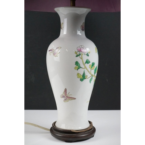 15 - Chinese Famille Rose porcelain vase converted to a table lamp, of baluster form, with floral and but... 