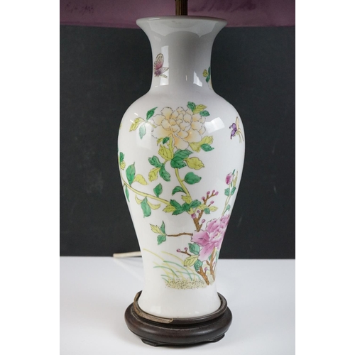 15 - Chinese Famille Rose porcelain vase converted to a table lamp, of baluster form, with floral and but... 