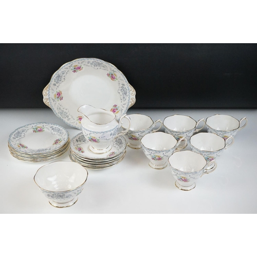 19 - Royal Albert ' Domask ' pattern tea set, blue trio pattern no. 2693, Malvern shape, comprising 6 tea... 