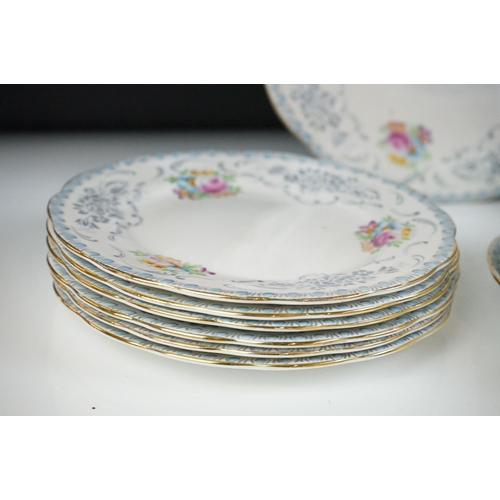 19 - Royal Albert ' Domask ' pattern tea set, blue trio pattern no. 2693, Malvern shape, comprising 6 tea... 